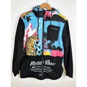 Reason Brand Mens L Hooded Full Zip Jacket Tiger Japan Pockets Colorful RARE